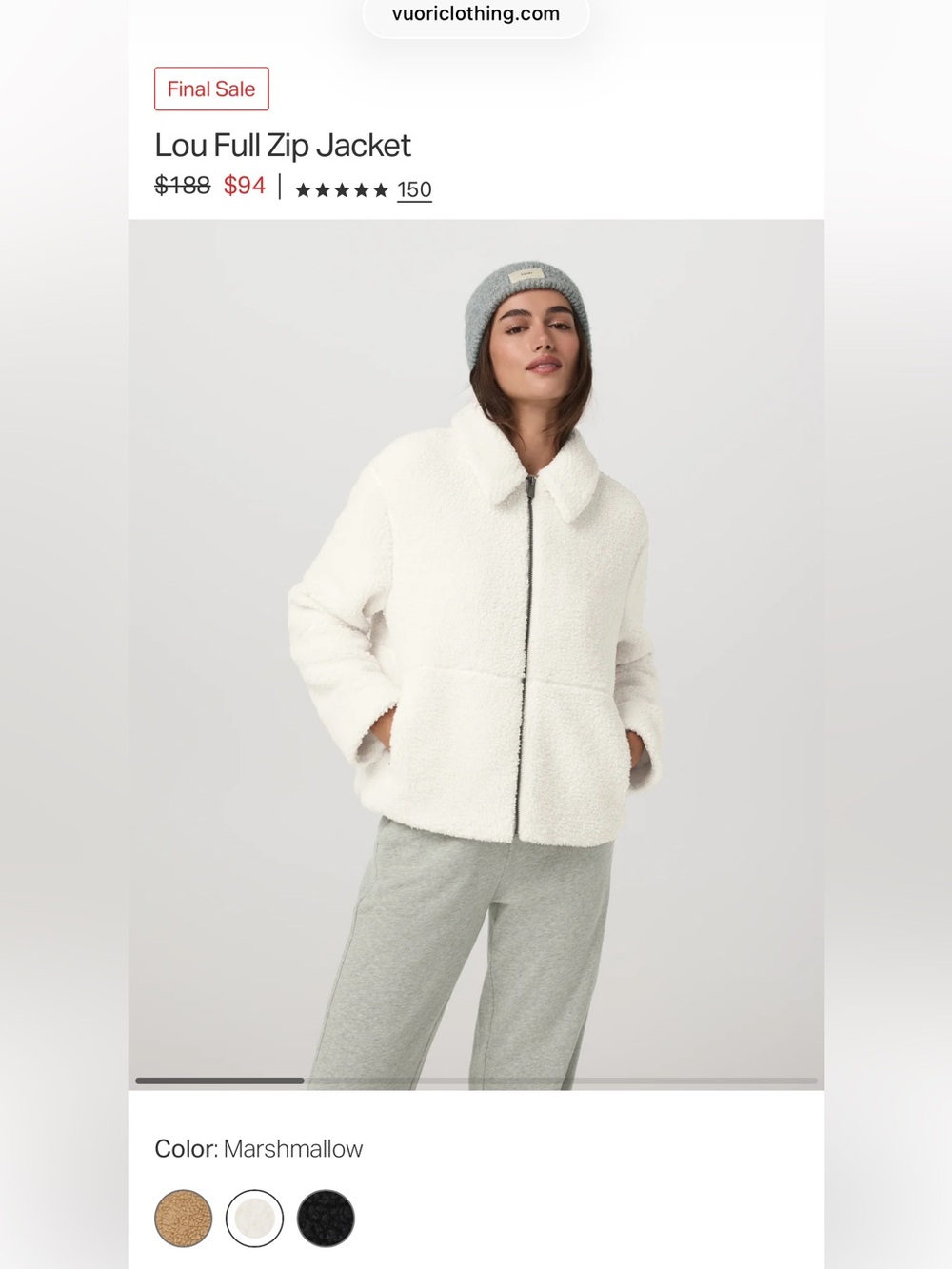 Vuori Lou Full Zip Jacket in Marshmallow Small